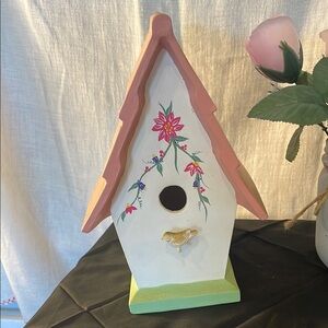 Floral decorative  Birdhouse with Pink Roof ceramic
